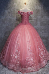 Gorgeous Off the Shoulder Pink Lace Appliques Long Evening Prom Dresses, Off Shoulder Pink Formal Dresses, Pink Evening Dresses, Ball Gown