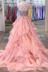 Gorgeous One Shoulder Beaded Pink Long Evening Prom Dresses, Fluffy Pink Formal Evening Dresses, Beaded Ball Gown