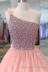 Gorgeous One Shoulder Beaded Pink Long Evening Prom Dresses, Fluffy Pink Formal Evening Dresses, Beaded Ball Gown