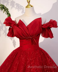 Gorgeous Red Tulle Ball Gown Off Shoulder Sweet 16 Dresses, Red Long Formal Dresses