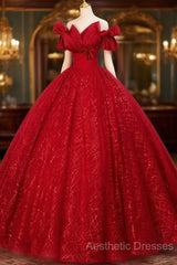 Gorgeous Red Tulle Ball Gown Off Shoulder Sweet 16 Dresses, Red Long Formal Dresses