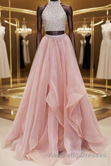 Gorgeous Round Neck Two Pieces Long Evening Prom Dresses, 2 Pieces Formal Evening Dresses
