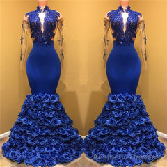 Gorgeous Royal Blue Prom Dresses Long Sleevess Evening Gowns with Rose Flowers