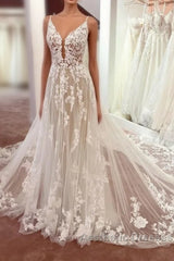 Gorgeous Spaghetti-Straps Lace Wedding Dresses Tulle Sleeveless Bridal Gowns