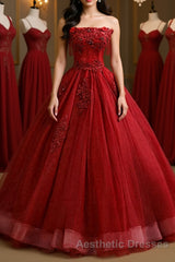 Gorgeous Strapless Burgundy Lace Beaded Long Evening Prom Dresses, Lace Burgundy Formal Evening Dresses, Burgundy Lace Ball Gown