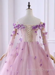 Gorgeous Tulle Off Shoulder Flowers Lace-Up Long Formal Dresses, Pink Evening Prom Dresses