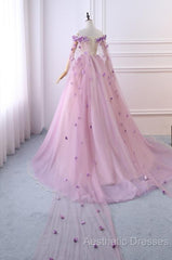 Gorgeous Tulle Off Shoulder Flowers Lace-Up Long Formal Dresses, Pink Evening Prom Dresses