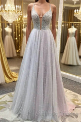 Gorgeous V Neck Backless Beaded Gray Tulle Long Evening Prom Dresses, Backless Grey Formal Graduation Evening Dresses