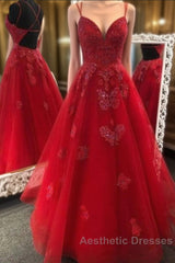 Gorgeous V Neck Backless Red Lace Appliques Evening Prom Dresses