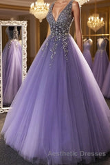 Gorgeous V Neck Beaded Purple Tulle Long Evening Prom Dresses, V Neck Purple Formal Evening Dresses, Purple Ball Gown