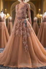 Gorgeous V Neck Champagne Lace Long Evening Prom Dresses, Champagne Lace Formal Graduation Evening Dresses