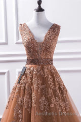 Gorgeous V Neck Champagne Lace Long Evening Prom Dresses, Champagne Lace Formal Graduation Evening Dresses