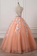 Gorgeous V Neck Open Back Coral Lace Floral Long Evening Prom Dresses, Coral Lace Formal Dresses, Coral Evening Dresses with Appliques