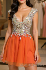 Gorgeous V Neck Open Back Orange Short Evening Prom Homecoming Dresses, Short Orange Formal Evening Dresses