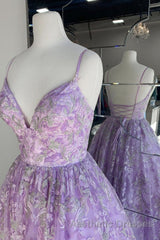 Gorgeous V Neck Thin Straps Purple Long Evening Prom Dresses, V Neck Purple Formal Evening Dresses, Purple Ball Gown