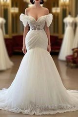 Gorgeous White Long Mermaid Off the Shoulder Tulle Wedding Dresses