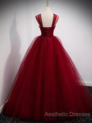 Gorgeous Wine Red Tulle Ball Gown Long Evening Prom Dresses Formal Dresses, Burgundy Sweet 16 Dresses