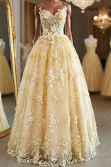 Gorgeous Yellow Lace Appliques Long Evening Prom Dresses, Yellow Lace Formal Dresses, Yellow Evening Dresses