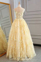 Gorgeous Yellow Lace Appliques Long Evening Prom Dresses, Yellow Lace Formal Dresses, Yellow Evening Dresses
