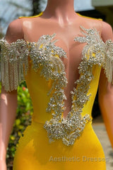 Gorgeous Yellow Long Mermaid Tassel Off the Shoulder Satin Backless Evening Prom Dresses with Ruffles