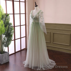 Gradient Tulle Green Beaded Long Sleeves Party Dress, Green Formal Dress