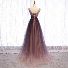 Gradient V-neckline Tulle Long Prom Dress Party Dress, Gradient Evening Gown