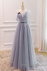 Gray A-Line Tulle Long Evening Prom Dresses, Gray Formal Evening Dresses