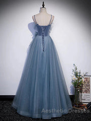 Gray Blue Tulle Long Evening Prom Dresses A Line Evening Dresses Formal Dresses December Wedding Guest Dresses