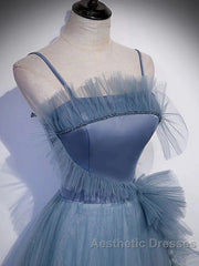 Gray Blue Tulle Long Evening Prom Dresses A Line Evening Dresses Formal Dresses December Wedding Guest Dresses