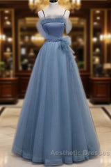 Gray Blue Tulle Long Evening Prom Dresses A Line Evening Dresses Formal Dresses December Wedding Guest Dresses