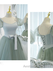 Gray Green A-Line Tulle Long Evening Prom Dresses, Gray Green Formal Dresses