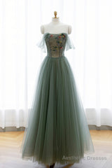 Gray Green Tulle Beaded Long Prom Dress, A-Line Evening Dress