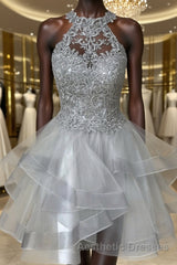 Gray Lace Short Evening Prom Dresses, Fluffy Gray Lace Homecoming Dresses, Gray Formal Evening Dresses