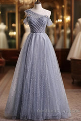 Gray One Shoulder Tulle Long Evening Prom Dresses Gray Tulle Evening Dresses