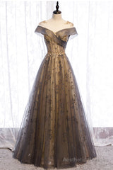 Gray Scoop Tulle Sequins Long Prom Dress, A-Line Evening Party Dress