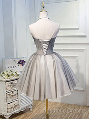 Gray Sweetheart Neck Tulle Lace Short Evening Prom Dresses, Cute Homecoming Dresses