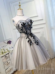 Gray Sweetheart Neck Tulle Lace Short Evening Prom Dresses, Cute Homecoming Dresses