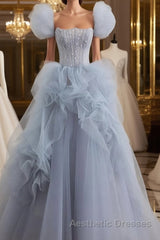 Gray tulle beads long Evening Prom Dresses, gray tulle formal Dresses
