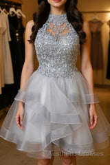 Gray tulle lace high neck short Evening Prom Dresses gray homecoming Dresses