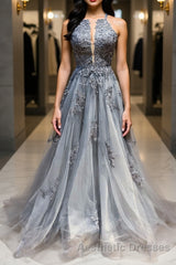 Gray tulle lace long Evening Prom Dresses gray tulle lace formal Dresses