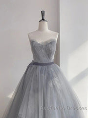 Gray Tulle Lace Long Evening Prom Dresses Sweet 16 Dresses A Line Off Shoulder December Wedding Guest Dresses