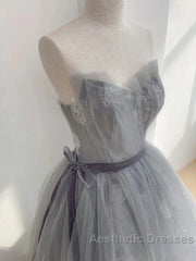 Gray Tulle Lace Long Evening Prom Dresses Sweet 16 Dresses A Line Off Shoulder December Wedding Guest Dresses