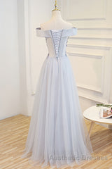 Gray tulle off shoulder lace long Evening Prom Dresses gray tulle formal Dresses