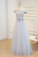 Gray tulle off shoulder lace long Evening Prom Dresses gray tulle formal Dresses