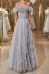 Gray tulle sequin long Evening Prom Dresses, gray tulle formal Dresses
