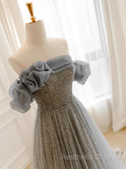Gray Tulle Sequin Long Evening Prom Dresses, Gray Tulle Long Evening Dresses
