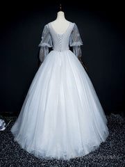 Gray V Neck Tulle Lace Long Prom Dress, Gray Lace Evening Dress