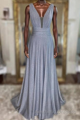 Gray v neck tulle sequin long Evening Prom Dresses, gray evening Dresses