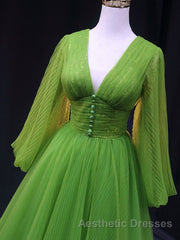 Green A Line Long Evening Prom Dresses, V Neck Green Tulle Long Formal Evening Dresses