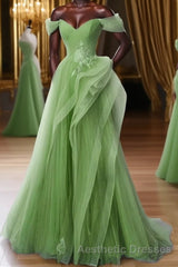 Green A-Line Off Shoulder Long Evening Prom Dresses Lace Long Evening Prom Dresses
